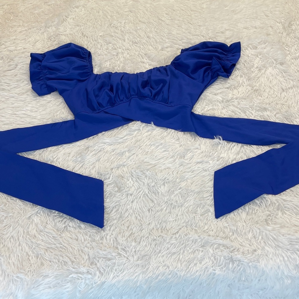 LYANER Blue Off-Shoulder Crop Top WITH TIE IN BACK WOMENS XS